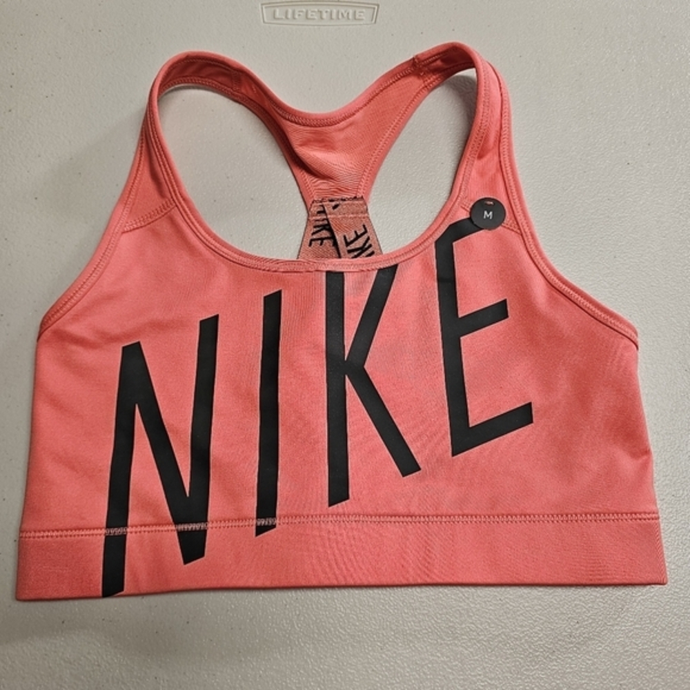 Nike Dri Fit Sports Bra Coral Pink Black Swoosh Logo Medium Racerback‎ Athletic